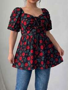 Modelyn Women's Square Neck Pleated Short Sleeve Waist-Cinching Elegant Sexy Fairycore Romantic Daily Morning Tea Party Plus Size Blouse Black Summer - Multicolor - View 3