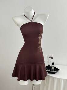 Elamini Vintage Simple American Y2K Millennium Hot Girl Mature Young Lady Daily Commute Beach Vacation Thin Neck Strap Back Tie Adjustable Single Side Vertical Floral Embroidery Print Burgundy Brown Spring Summer Autumn Women's Spaghetti Strap Cami Dress - Brown - View 1