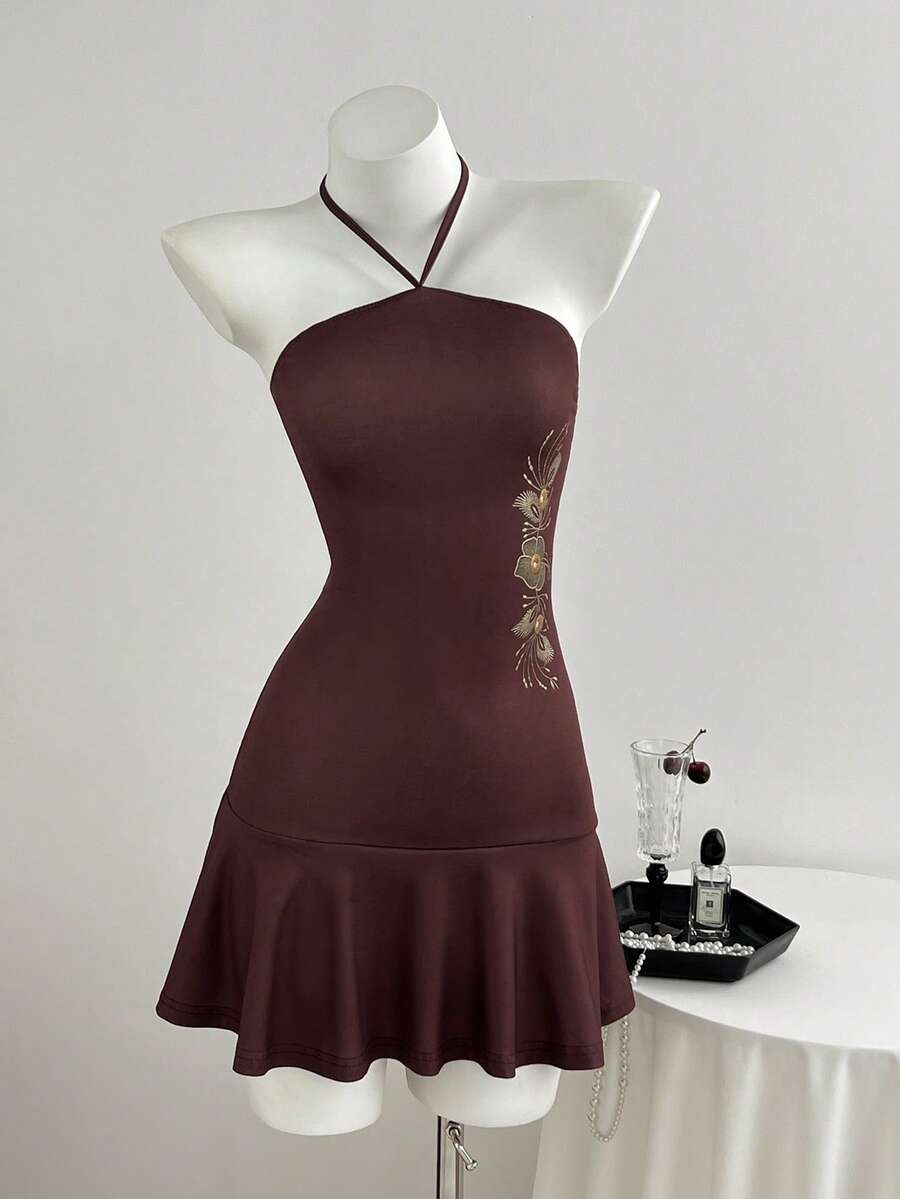 Elamini Vintage Simple American Y2K Millennium Hot Girl Mature Young Lady Daily Commute Beach Vacation Thin Neck Strap Back Tie Adjustable Single Side Vertical Floral Embroidery Print Burgundy Brown Spring Summer Autumn Women's Spaghetti Strap Cami Dress - Brown - View 1