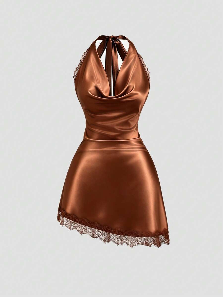 Sweetra Pure Desire Sexy Vintage Bold Avant-Garde Young Lady Street Date Birthday Party Home Casual Atmosphere Outfit Halter Tie Design Deep Brown Spring Summer Autumn Women's Dress - Brown - View 1