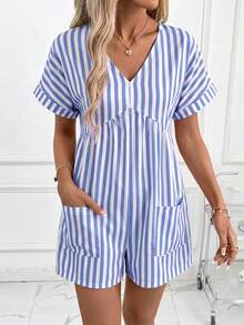 SHEIN Clasi 女款條紋時尚V領口袋休閒連身褲 - 藍白色 - 查看 1