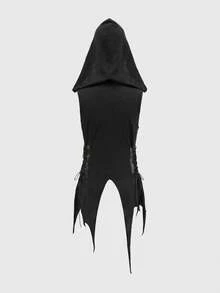 ROMWE Goth Forbidden Art 女款連帽上衣 金屬扣飾 繫帶抽繩設計 不對稱下擺 破舊風 性感 - 黑色 - 查看 9