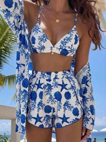 Firerie Women's Daily Elegant Tropical Beach Vacation Music Festival Fashion Leopard Print Lingerie Loose Jacket And High-Waisted Loose Shorts 3 Pieces Set - Multicolor - View 4