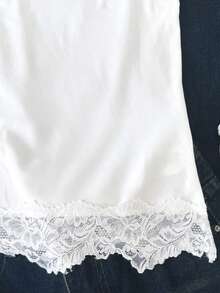 SHEIN 青少年女孩純白色對比蕾絲立領修身時尚背心上衣 T-shirt，夏季上衣，優雅夏季上衣，休閒蕾絲裝飾上衣 - 杏色 - 查看 6
