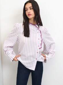Nöista Striped Ruffle High-Neck Blouse With Puff Sleeves And Contrast Piping; Perfect For Office, Meetings, Brunch, Dates, Romantic, Preppy, Winter, Autumn - Mauve Purple - View 5