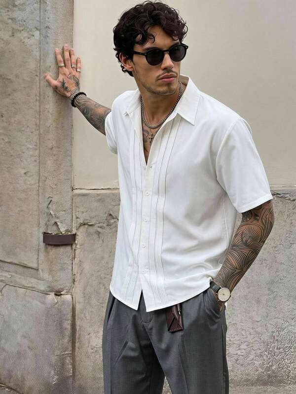 SERO LANO Men's Solid Color Front Button Casual Short Sleeve Shirt, Spring/Summer, Formal