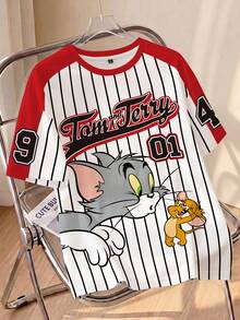 TOM & JERRY X SHEIN Men's Striped Letter Print Short Sleeve Casual T-Shirt - White - View 6