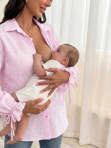 SHEIN 孕妇喇叭袖长款宽松哺乳上衣，粉色 - 淺粉色 - 查看 3