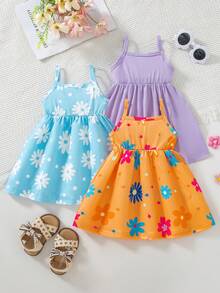 SHEIN Playful Pals 女嬰 2025 夏季新款無袖細肩帶洋裝套裝，花卉印花與純色，田園風，多巴胺配色，時尚可愛洋裝，3 件套 - 彩色 - 查看 2