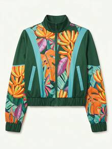 CAJUNI Women's Tropical Plant Print Long Sleeve Zip-Up Sports Jacket - Green - View 5