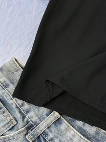 SHEIN Tween女孩粉色V領胸前抓褶蕾絲拼接短袖T恤 - 黑色 - 查看 5