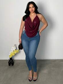 Firerie Plus Size Women's Solid Color Shiny Draped Neck Tank Top Party Burgundy Summer Sexy - Burgundy - View 8