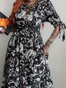Whyspr Plus Size Spring/Summer Punk Vintage Butterfly Print Vacation Dress - Black - View 1