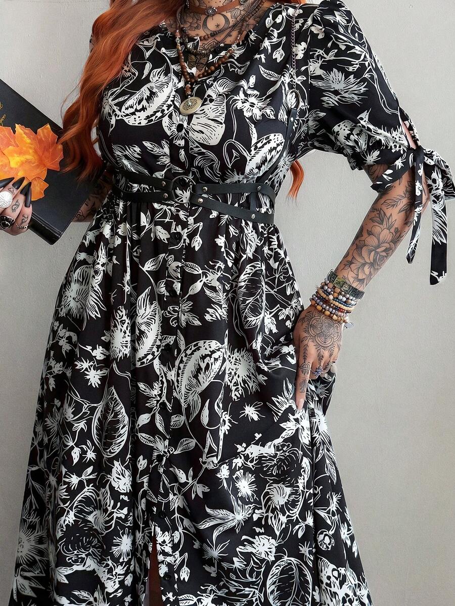 Whyspr Plus Size Spring/Summer Punk Vintage Butterfly Print Vacation Dress - Black - View 1