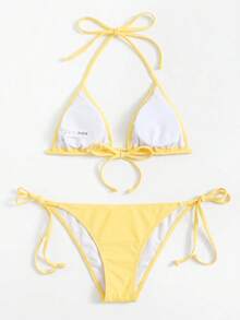 Sweetra Solid Color Two-Piece Swimsuit Set For Vacation Beach - Yellow - View 2