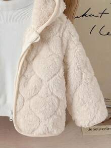 SHEIN Babygirl Cute Casual Fluffy Versatile Solid Color Heart Pattern Hooded Autumn Winter Jacket - Apricot - View 4