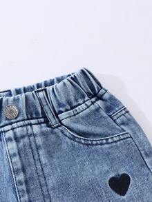 SHEIN 女童牛仔寬腿褲，甜美休閒風，春夏度假款，彈性腰頭配愛心刺繡，純棉，嬰兒藍 - 淺色水洗藍 - 查看 8