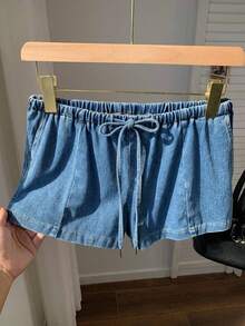 CovetEZ Women's Drawstring Waist Casual Versatile Daily Travel Denim Shorts , Summer Brazil World Cup 2026 Beach Going Out Casual - Medium Wash - View 1