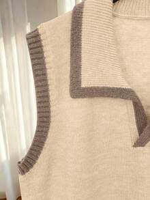 Franclia 女款休閒傳統極簡復古翻領無袖修身大尺碼套頭毛衣 秋季米色 教師節 正式場合 俱樂部 - 杏色 - 查看 6