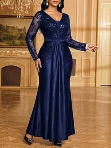 Fleurora Women's Elegant Party Sequin Embroidery Mesh Patchwork Fishtail Dress - Navy Blue - View 4