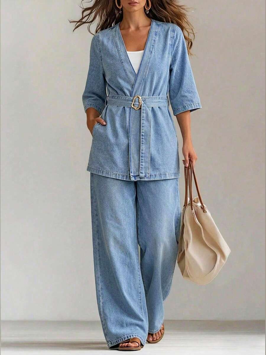 EMERY ROSE Women's Metal Buckle Versatile Short Sleeve Tie-Front Top And Casual Loose Pocket Denim Pants Set - Blue - View 1