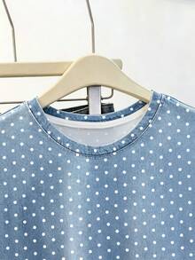 Resyla White Polka Dot Faux Denim Short-Sleeve T-Shirt For Women, New Summer Round-Neck Regular Shoulder Cr - Blue - View 3