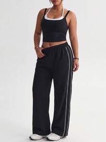 SHEIN Dewbera 2pcs Plus Size Women's Spring/Summer Sports Set, 2 In 1 Contrast Design, Spaghetti Straps, Back Cutout, Fitted Women's Sports Top And Straight Leg Pants, Woven Fabric, Side Contrast Stripe Patchwork, Loose Women's Sports Pants, Straight Leg Pants, Suitable For Daily Casual, Running, Yoga, Gym, Golf, Tennis - Black - View 6