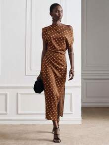 Aveloria Modichic Elegant High-End Party Luxury Asymmetric Shoulder Ruched Waist Design Brown And White Polka Dot Print Women's Padded Sleeveless Long Dress Summer - Coffee - View 1