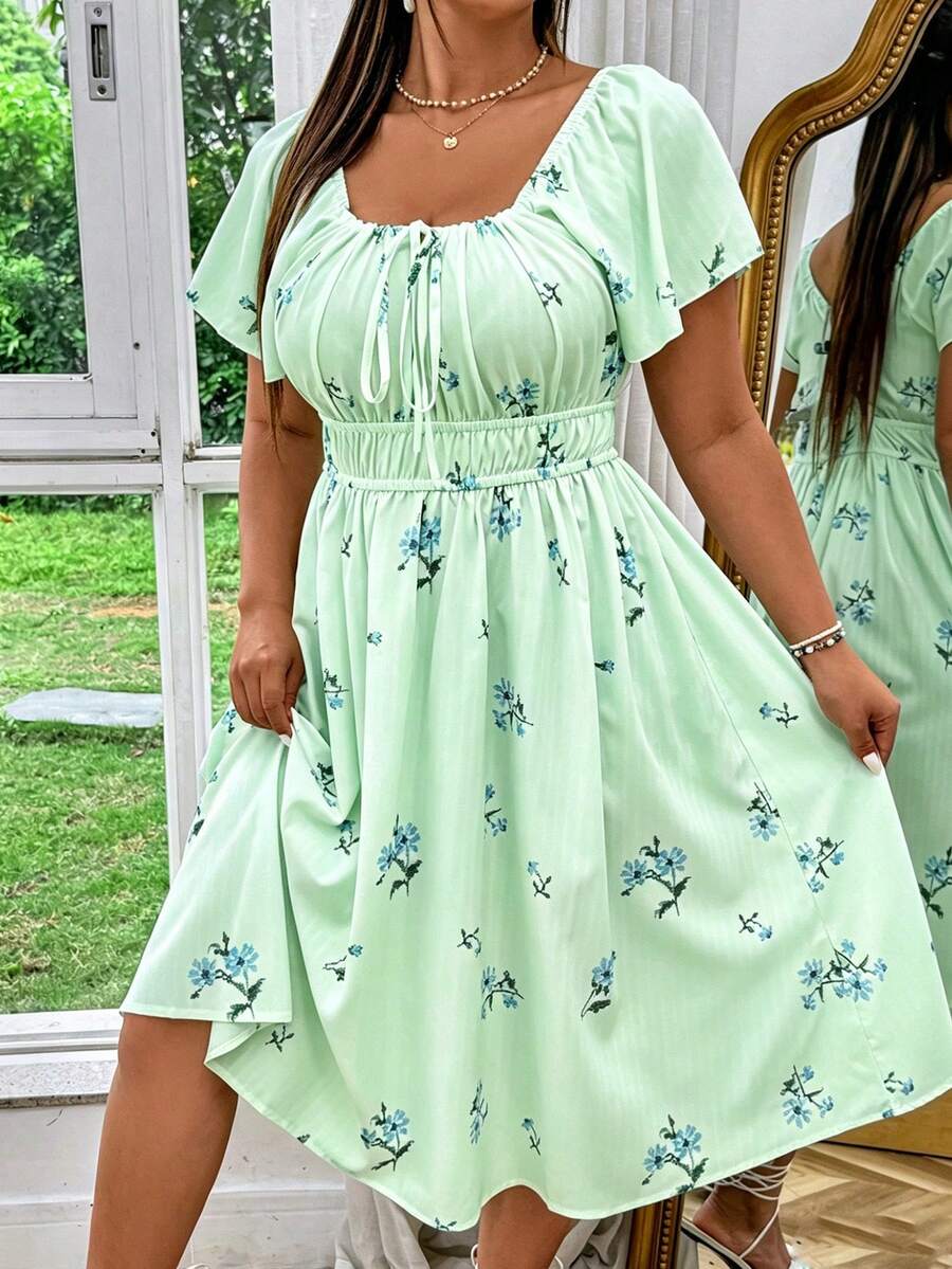 SHEIN MOOSTA Plus Size Women's Floral Digital Print Dress With Drawstring Chest And Elastic Waist - Mint Green - View 1