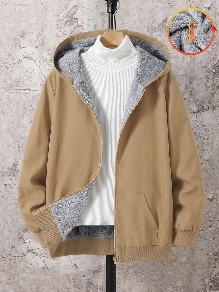 SHEIN 青少年男孩休閒舒適百搭保暖內裡連帽冬季加厚外套 - 卡其色 - 查看 1