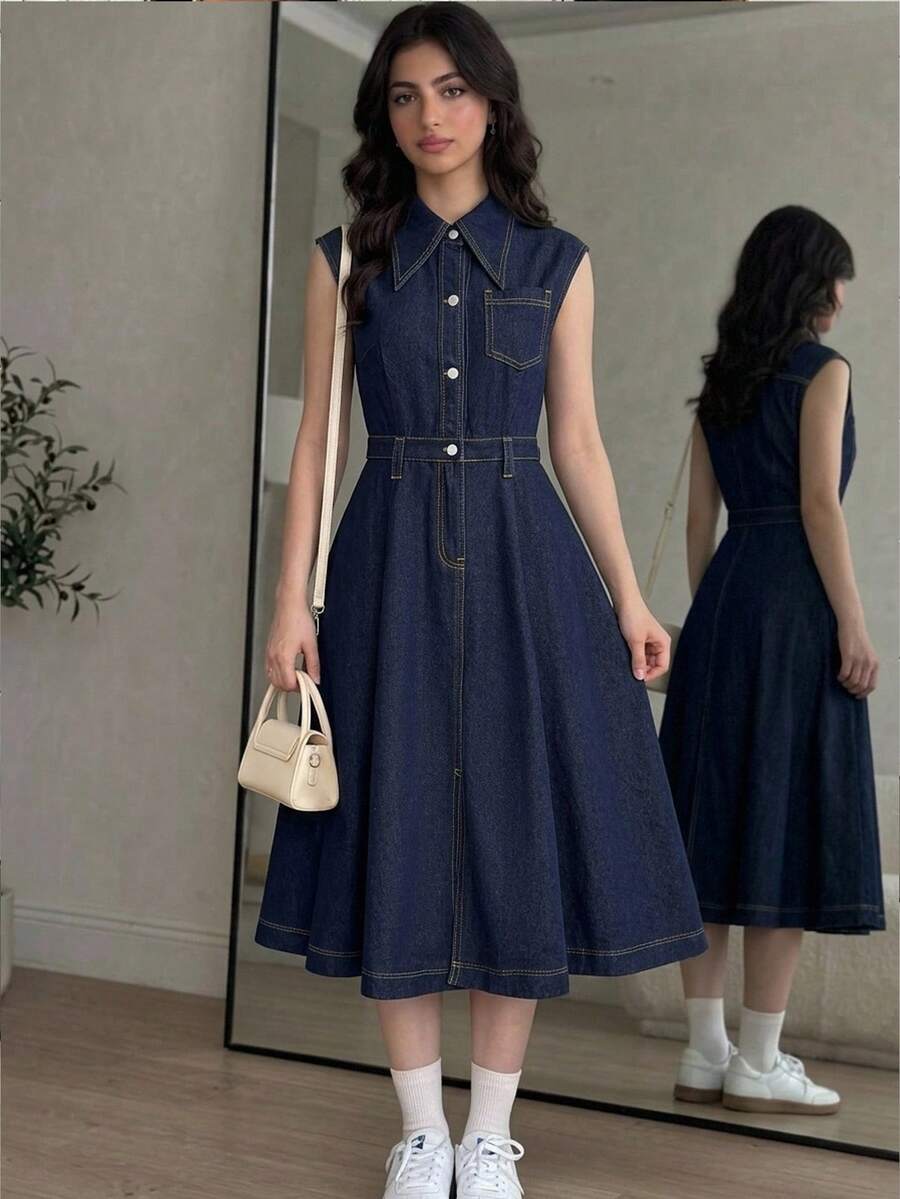 SHEIN Teen Girls Fashion Casual Y2k Vintage Cool Dark Blue Denim Sleeveless V-Neck Dress For Rave Outfits - Blue - View 1