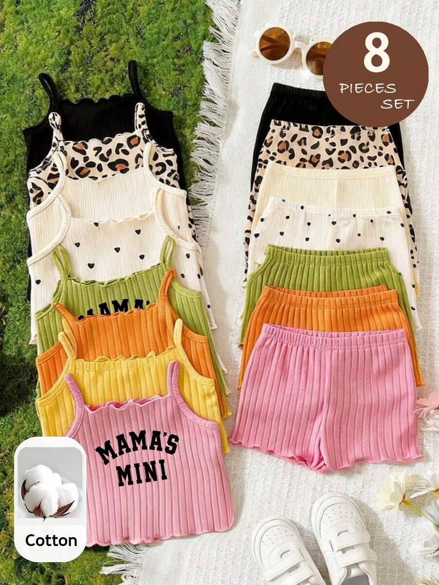 SHEIN LMoss Kids Set Pakaian Musim Panas Anak Perempuan (8 pcs/acak), Atasan Camisole Rajut Bergaris Polos dan Celana Pendek Kasual, Pakaian Rumah Lucu Sehari-hari untuk Anak Perempuan, Warna Permen - MultiWarna - View 1
