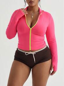SHEIN Dewbera Spring/Autumn Plus Size Women's Sports Jacket, Dopamine Magenta Long Sleeve Regular Fit Stand Collar Contrast Color Neon Green Full Zip Solid Color Fashion Versatile, Suitable For Daily Casual, Running, Yoga, Gym, Tennis, Golf - Hot Pink - View 4