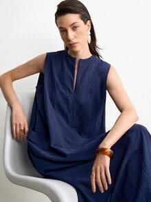 Aalyst Gaun Tanpa Lengan Minimalis Kasual Serbaguna untuk Wanita, Warna Polos, Resleting Depan, Tali Serut, Cocok untuk Liburan Musim Panas Warna Biru Tua - Navy Blue - View 8