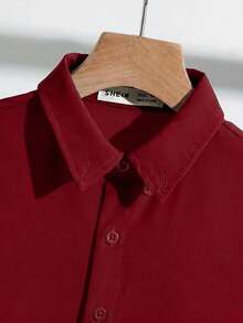 SHEIN Tween Boy Casual Long Sleeve Single-Breasted Solid Color Turn-Down Collar Shirt - Burgundy - View 3