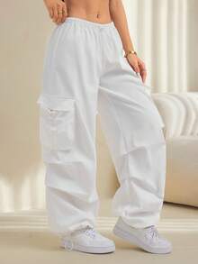 SHEIN PETITE Flip-Flap Pocket Side Cinched Waist Pants - White - View 6