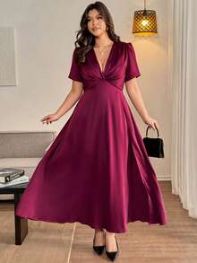 Vionelle Plus Size Women's Summer New Elegant Romantic Short Sleeve Dress, V-Neck, Slit Dress, Ruched Bust, Suitable For Dating, Afternoon Tea Outfit, Exquisite Elegant, Romantic Streetwear - Burgundy - View 4