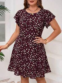 SHEIN Clasi Plus Size Casual Leopard Print Round Neck Ruffle Sleeve Dress - Red Violet - View 4