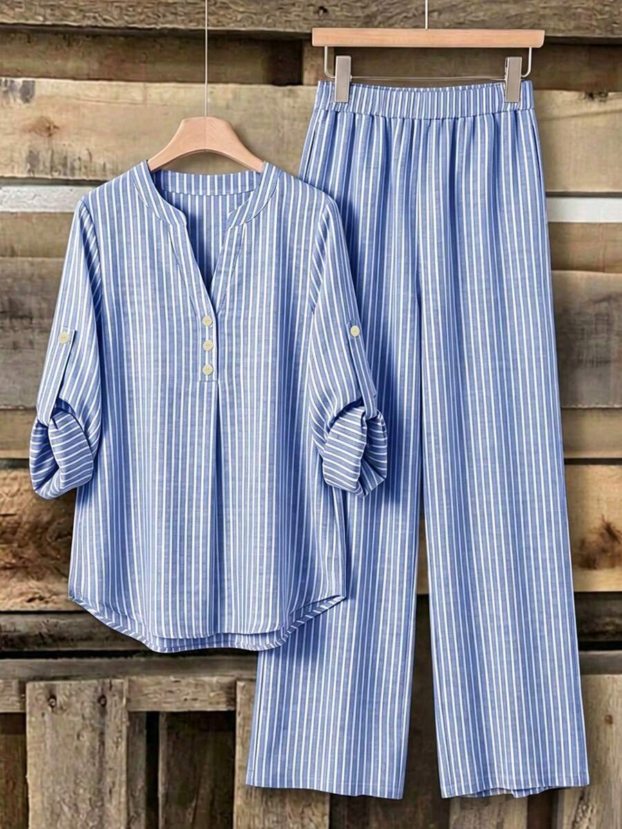 Rusticease Conjunto de 2 piezas casual para uso diario de mujer con top de cuello en V con muesca y patchwork a rayas y pantalones largos - Azul y blanco - Ver 1