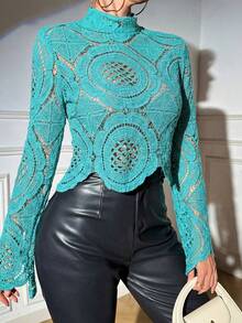 Glamine Water-Soluble Teal Sheer Blouse With Positioned Trim Party Night Night Out Summer Elegant - Blue - View 3