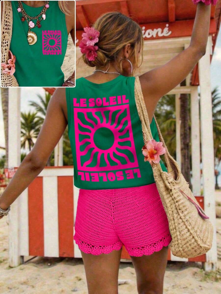 DrmWander Tank Top Kasual Leher Bulat Motif Huruf untuk Wanita Ukuran Plus - Hijau - View 1