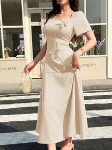 Feyla Women's 3D Floral Decor Fashion Elegant Romantic Date Brunch Dinner Date Mother Of The Bride Party Dress Beige Summer - Apricot - View 5