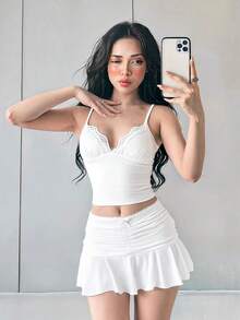 Sweetina 休閒性感可愛 Y2K 女孩蕾絲拼接細肩帶上衣 + 抓褶防走光裙 2 件套，適合外出、夜生活、海灘，米白色夏季款 - 白色 - 查看 7