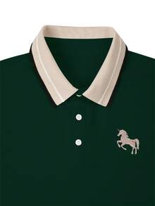 Calvornis Men's Ribbed Collar Embroidered Short Sleeve Casual Polo Shirt, Formal - Dark Green - View 5