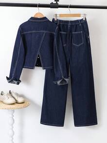 SHEIN 兒童青少年女孩深藍色寬鬆短夾克與長褲2件套，萬聖節冬季返校休閒Y2K秋冬款 - 藍色 - 查看 8