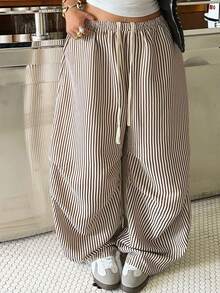 Muchica Plus Size Women Striped Casual Versatile Daily Wear Wide Leg Pants - Multicolor - View 3