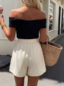 SHEIN Clasi Women's Casual French Elegant 2-In-1 Jumpsuit, Black Off-Shoulder Top Paired With Beige Shorts, With Belt, For Office Brunch, Party, Vacation Summer - Multicolor - View 2