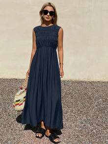 Livesso Summer Autumn June Festival Square Neck Sleeveless Ruched Waist Solid Navy Blue Full Skirt Midi Dress For Women Vacation Vacation Casual Modest - Navy Blue - View 3