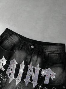 ROMWE MEN Pantaloncini in denim da uomo con ricamo, dettagli in strass, tasche e bottoni - nero - Visualizzare 3