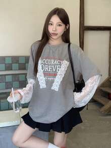 DAZY 女款字母印花圓領拼接蕾絲二合一長袖T恤 - 灰色 - 查看 4